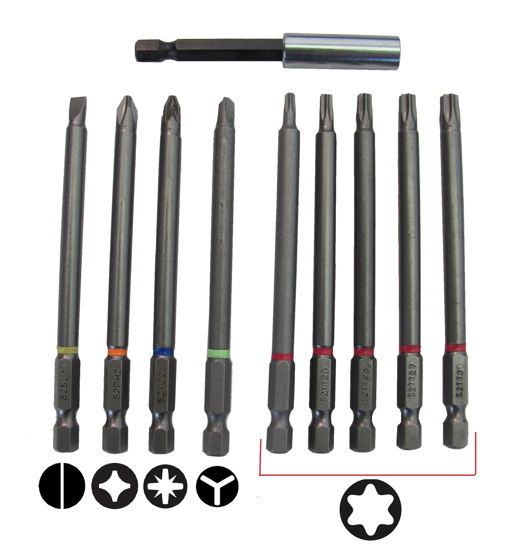 10pc Extended Long reach Screwdriver bit set Torx Posidrive Tribit T15